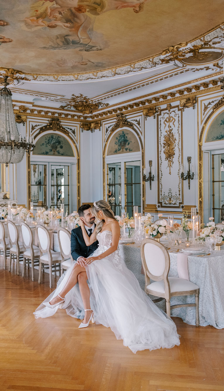 Elkins Estate wedding couple in ballroom