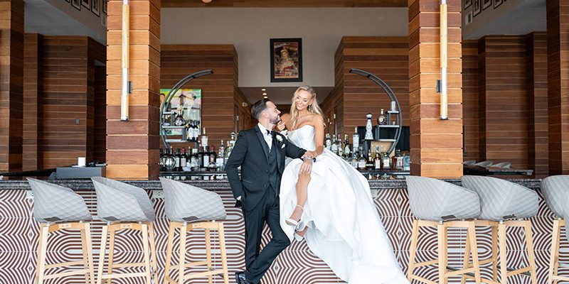 Wedding couple at Stork Club rooftop bar area